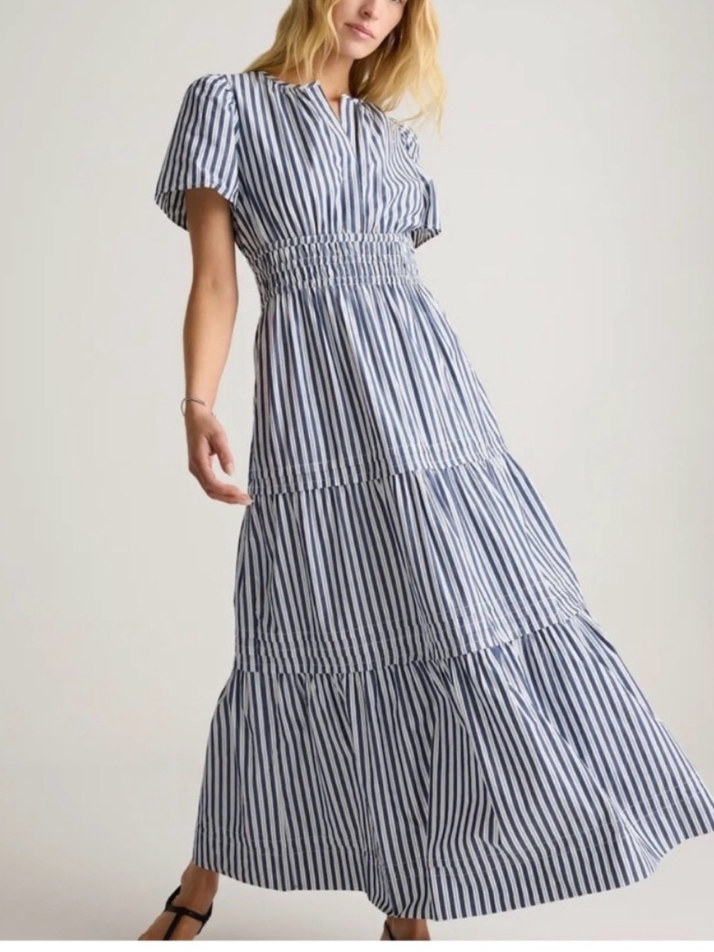 Quince 100% Organic Cotton Tiered Maxi Dress XL Hudson Stripe Coastal Vacation